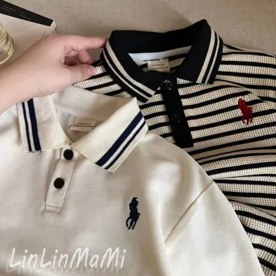 2025 Boys Striped Polo Shirt Beige Black