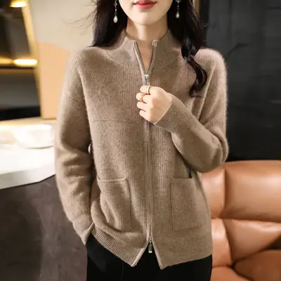 Pink Knitted Double Zipper Cardigan for Women