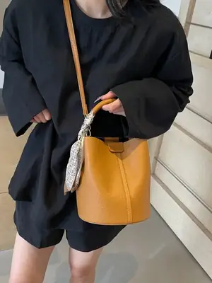 Brown Litchi Satchel Bucket Bag for Women