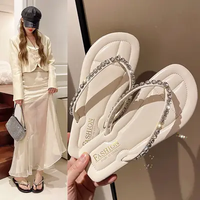 Women Rhinestone Flip Flops Summer Sandals Cream White