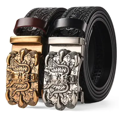 Men's Carved Leather Belt with Gold & Silver Buckles