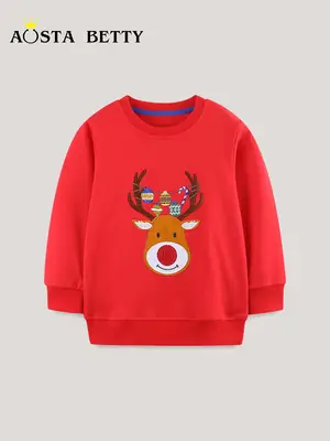 Red Christmas Deer T-Shirt for Kids Knitted Cotton
