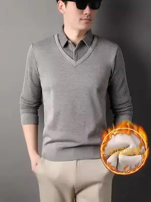 Men's Black Fleece Lined Collar Shirt with Thickening