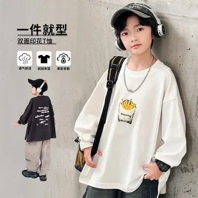 Huzhou Boys Long Sleeve T-Shirt Black Letter Print Spring Autumn 2025