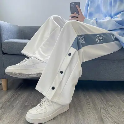 Women White Loose Button Sports Pants