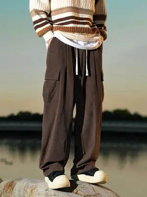 Brown Pleated Cargo Pants with Pockets Large