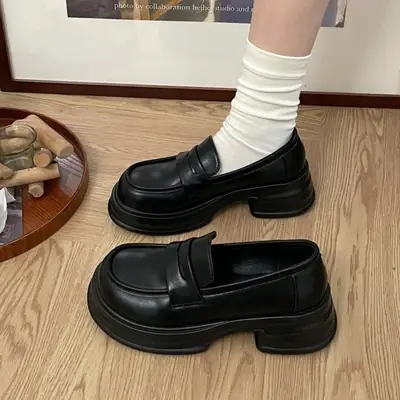 Women Black Thick Heel Leather Loafers All Match