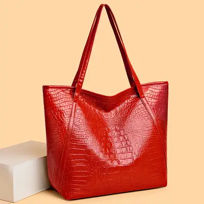 Maroon Croc Textured Tote Bag for Women