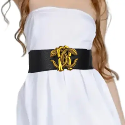 Wide Elastic Belt with Golden Snake Buckle Brown