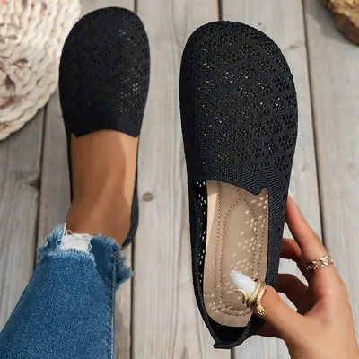 Flat Round-Toe Fly-Knit Women's Shoes 2025 Spring and Autumn Breathable Shallow Casual Versatile Soft-Soled Spring and Autumn Casual Shoes