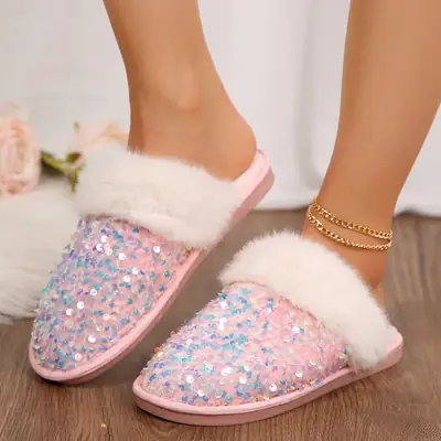 Foreign Trade in stock 2024 Baotou Sequin Cotton Slippers Women's Flat Plush Slippers Home Indoor Mao Mao Slippers Women