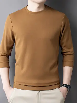 Men's Black Long Sleeve T-Shirt Round Neck Solid Color