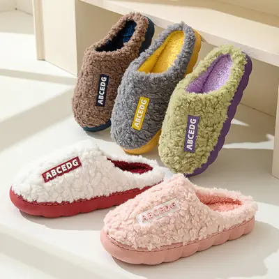 Women Letter Cotton Slippers Autumn Winter Thick Non-Slip