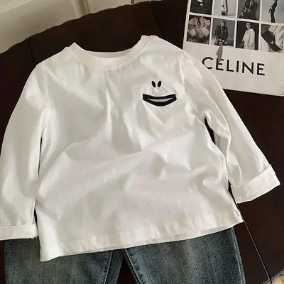 White Smiley Face Long Sleeve T-Shirt for Boys 2024