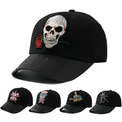 Black Embroidered Skull Rose Cap with Star Design
