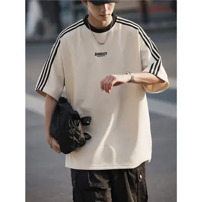 Men Striped White T-Shirt Summer Wear American Retro