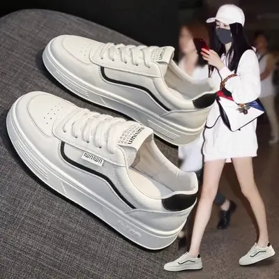 Women White Lace-Up Thick Sole Casual Shoes 2024