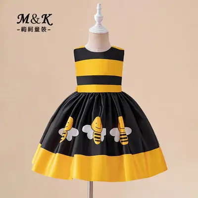 Girls Bee Print Sleeveless Princess Dress Black Yellow