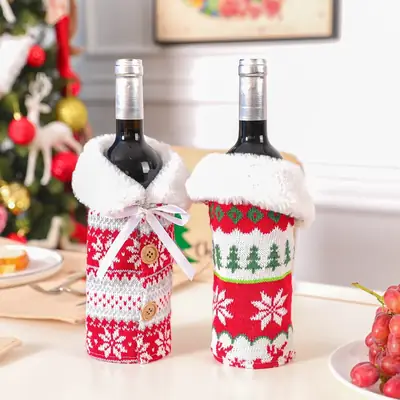 Red Knitted Snowflake Wine Bottle Decor Set