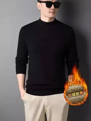 Men's Fleece Half-Turtle Collar T-Shirt Black Slim Fit