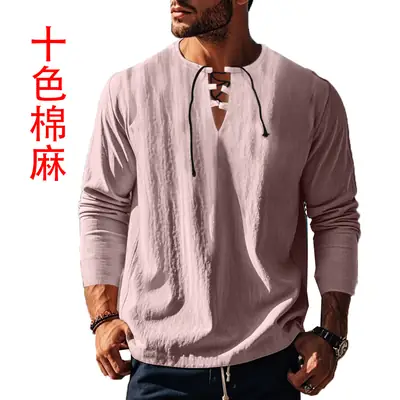 Men V-Neck Cotton Long Sleeve T-Shirt Beige