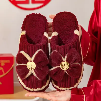 Wedding Slippers 2026 New Festive Red Pair for Newlyweds, Couple's Plush Slippers, Light Luxury Thick-Soled Winter Slippers