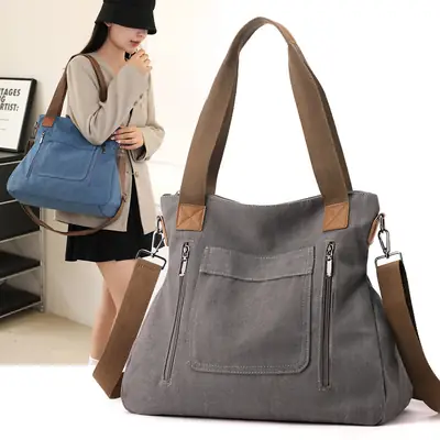 Blue Canvas Women's Shoulder Bag with Brown Handles