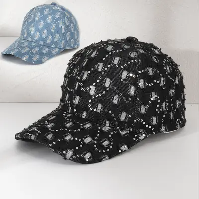 Retro Diamond Sequins Baseball Cap Black Blue