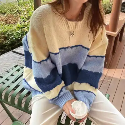 Women Knitted Striped Sweater Long Sleeve Winter Casual
