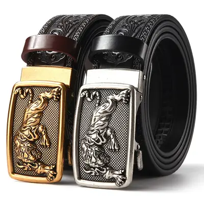 Men's Leather Belt with Gold Carved Buckle