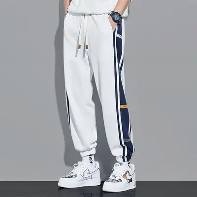 Men Fleece Lined Casual Trousers White Blue Stripes