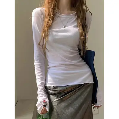 White Base Shirt for Women, Thin and Slightly See-Through Long-Sleeve T-Shirt, Sun Protection Cover-Up, Spring 2026, Slim Fit, Simple Top