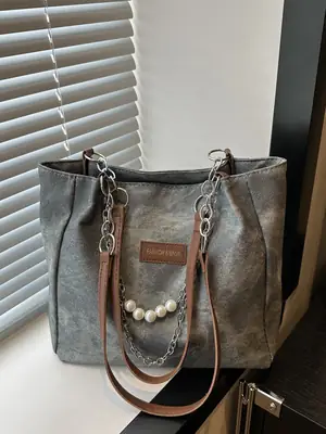 Women's Grey Leather Shoulder Bag with Pearl Accents
