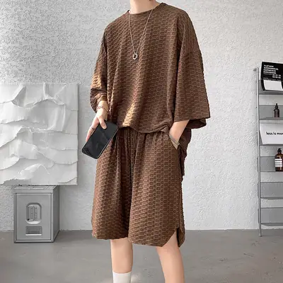 Men's Brown Waffle Shorts Set Summer Casual Loose Fit
