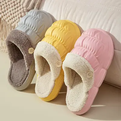 Winter Petal Cotton Slippers Yellow Fleece Lined