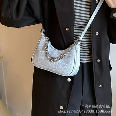 Silver French Commuter Chain Crossbody Bag for Women