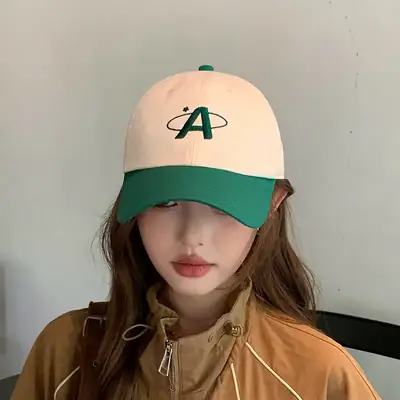 Women Baseball Cap Green White Letter Embroidered Wide Brim