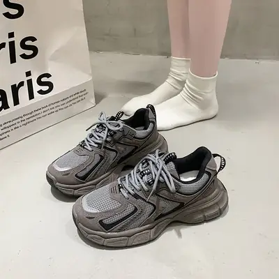 Women Grey Thick Heel Running Shoes 2025