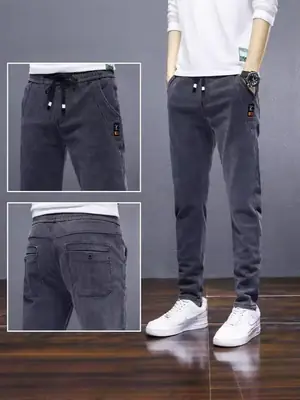 Men Elastic Waist Fleece Jeans Drawstring All-Match 2024