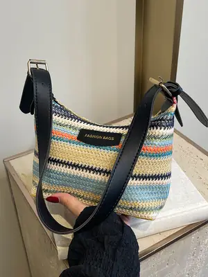 Women's Striped Woven Shoulder Bag 2024 Summer