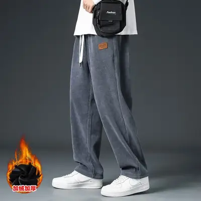 Men Fleece Fleece Pants Grey Wide Leg Winter Autumn