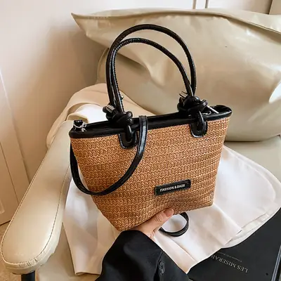 French Straw Woven Handbag Black Top Handle