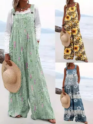 Wide Leg Printed Sunflower Jumpsuit for Women