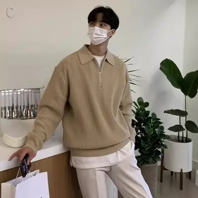 Men's Beige Knitted Polo Collar Sweater Set