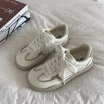 Women's White Leather Training Shoes with Thick Sole