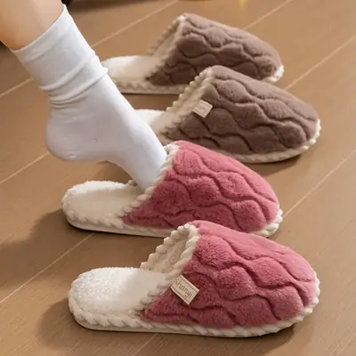 Cotton Slippers Women Grey Winter Fur Warm Indoor