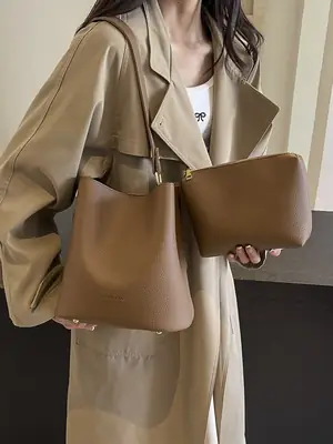 2024 Litchi Pattern Bucket Bag Women Tan