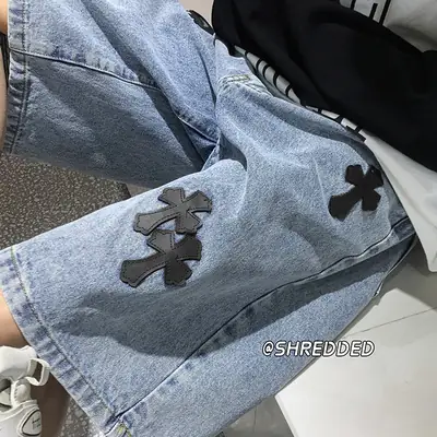Men Grey Denim Shorts Cross Labeling Summer Casual