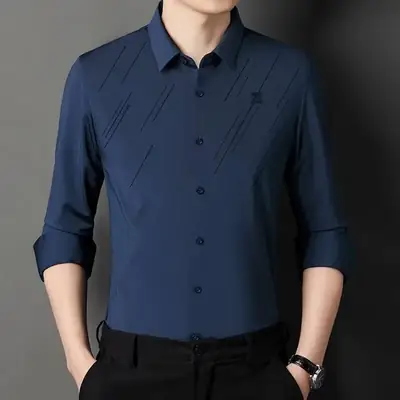 Men Navy Blue Long Sleeve Button Shirt 2024