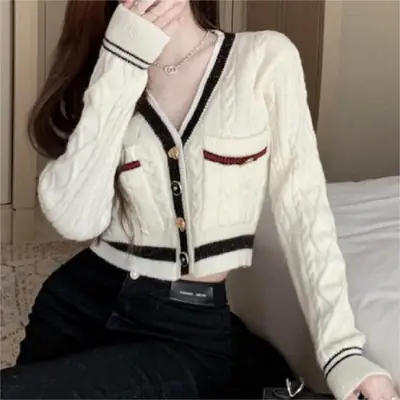 Women V-Neck Twist Knit Cardigan Coat Top Winter Wear